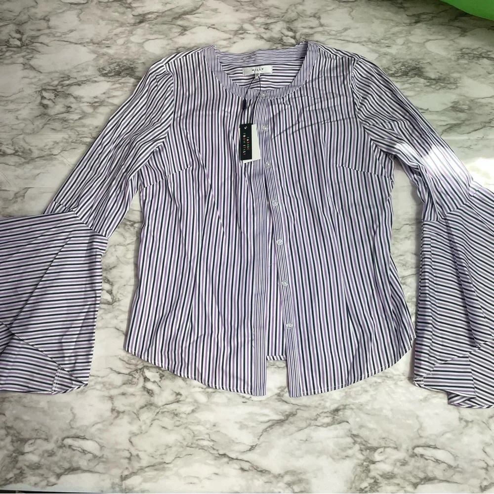 Milly Violet Stripe Long Bell Sleeve Button Down Blouse Women’s Size 10